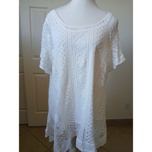 One World Womens Blouse Tunic Asymmetric White Short Sleeve Scoop Neck‎ Lace 1X - Picture 1 of 15
